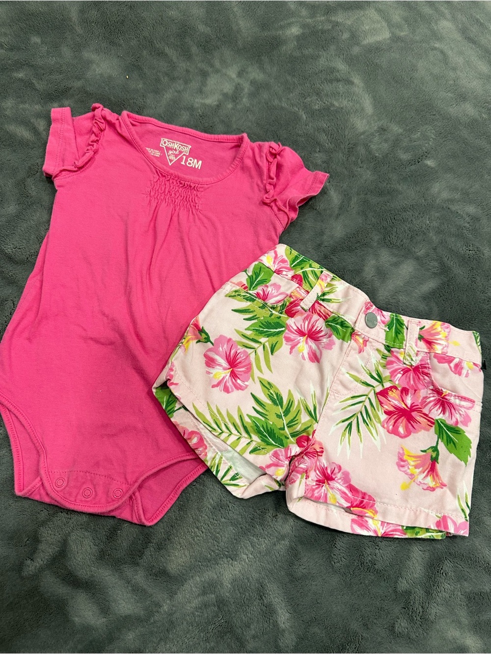 OshKosh B'gosh Hot Pink Bodysuit with Floral Pink & Green Shorts